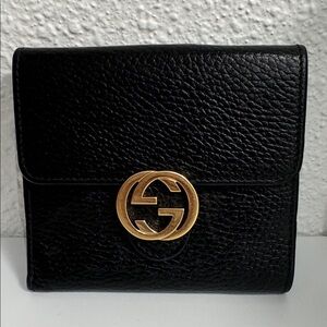 RARE Gucci black gold locking GG FRENCH flap card wallet leather
